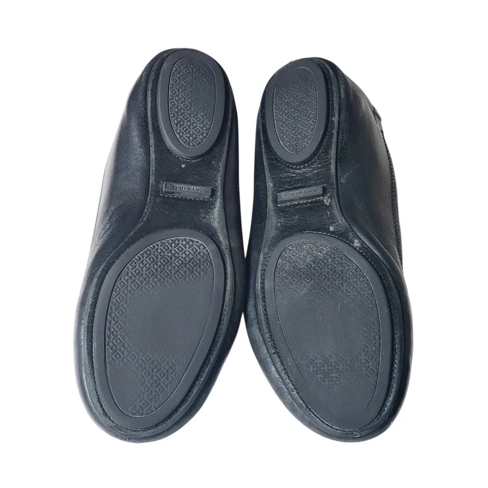 Tory Burch Minnie Travel Ballet Flats Black Leather Logo Medallion Shoes 8.5
